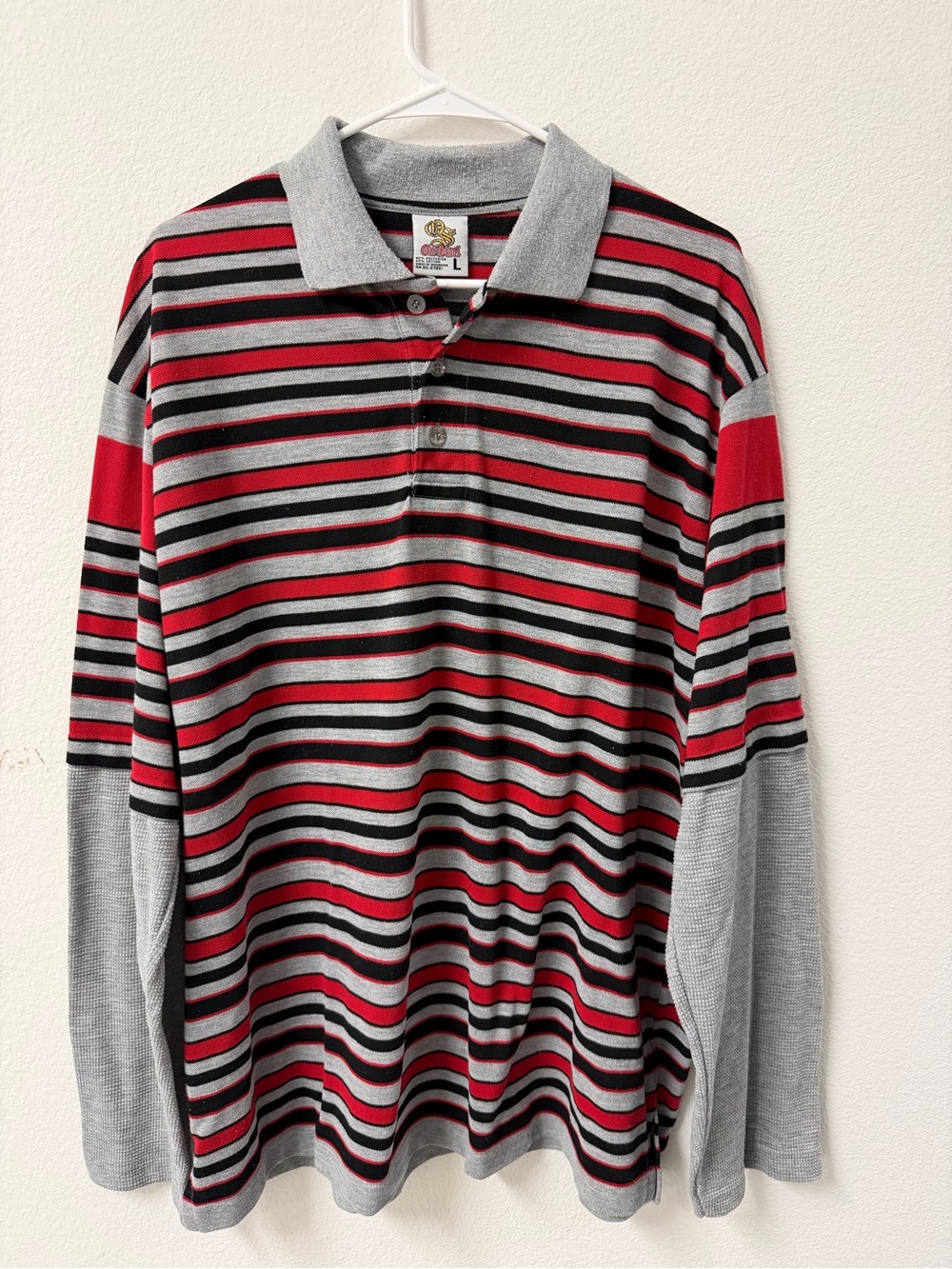 Long-Sleeve Striped Polo Shirt - Gray, Red & Black